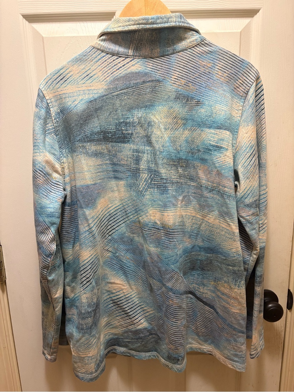 C.M.C. Color Me Cotton XL Blue Abstract Knit Jacket Shacket Cotton Stretch Art - Picture 12 of 16